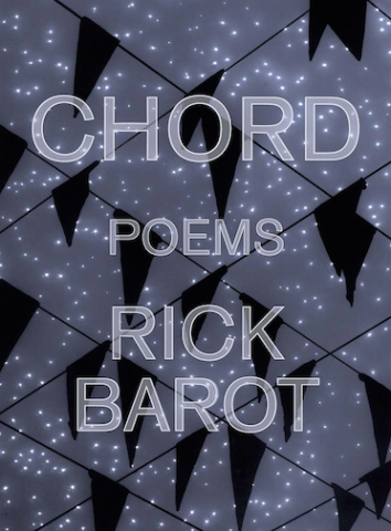 Cover of Rick Barot's "Chord" with fabric pieces hanging from diagonal lines over a starry sky