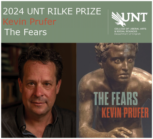 Headshot of Kevin Prufer, 2024 Rilke Prize winner, and the cover of his winning book, The Fears 