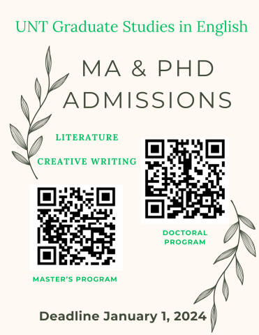 Flyer: UNT Graduate Studies in English, MA and PhD admissions. Literature and Creative writing, QR codes